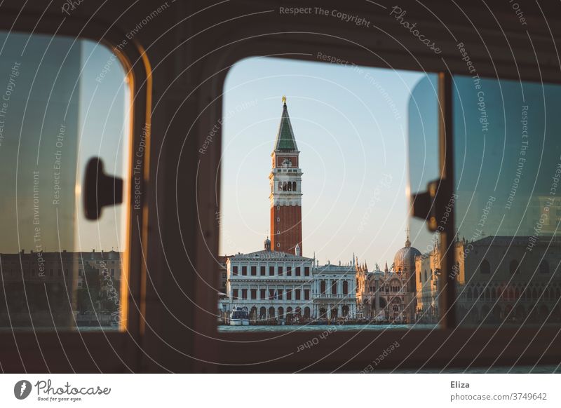 View of the Markus Tower in Venice from a vaporetto Markusturm St. Mark's Basilica water taxi Ocean Window Wanderlust outlook view outside Water Italy