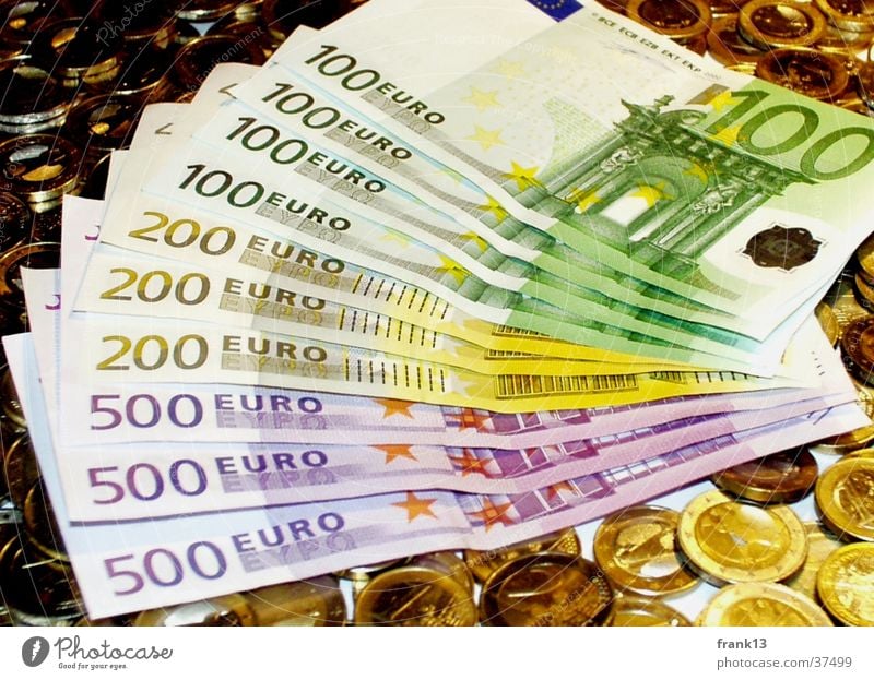 Many banknotes and coins Money Bank note Coin Possessions Euro