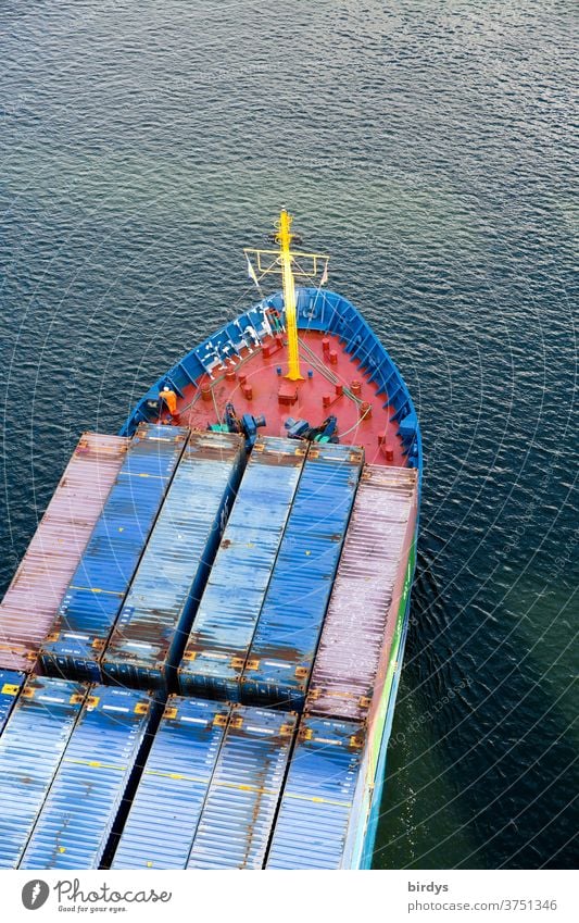 Container ship in the Kiel Canal Logistics Navigation deal Economy North-East Sea Canal Bird's-eye view Bow Water Movement of goods Transport Waterways