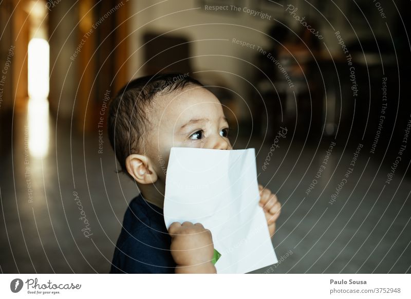 Toddler holding a white paper Child childhood Caucasian 0 - 12 months Baby Colour photo Cute Infancy Human being Beautiful Day Small Happy people at home