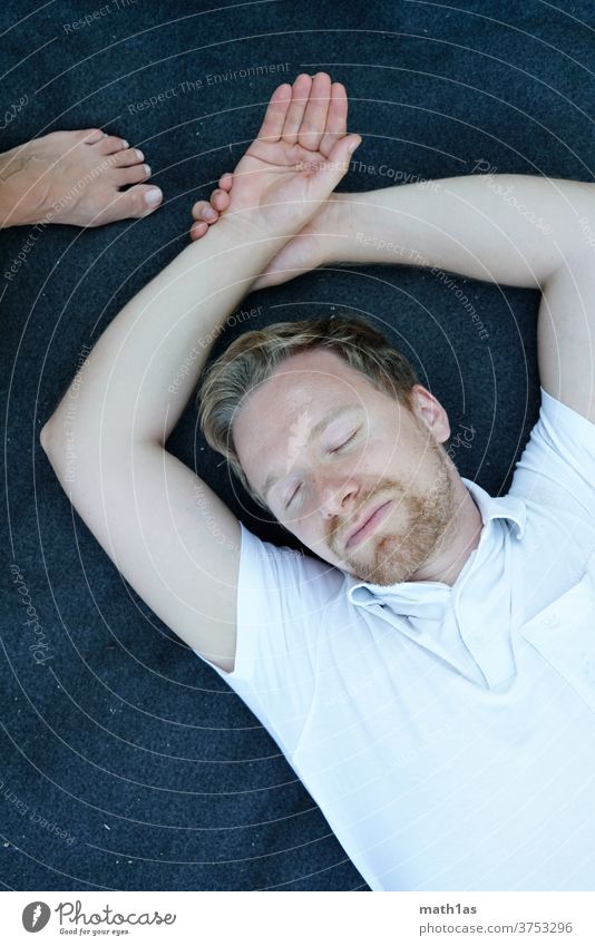 Man sleeps on top of a blanket Facial hair masculine Masculine masculinity blonde White Blue portrait youthful Mature 30 Hand Feet