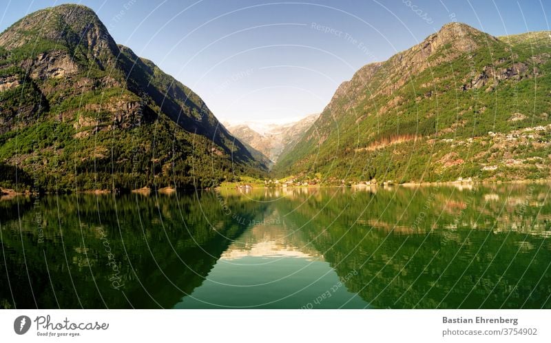 Glacier behind Norwegian fjord and mountains Fjord Mountain Lake Water Norway Nature Landscape Scandinavia Exterior shot Colour photo Deserted Idyll destination