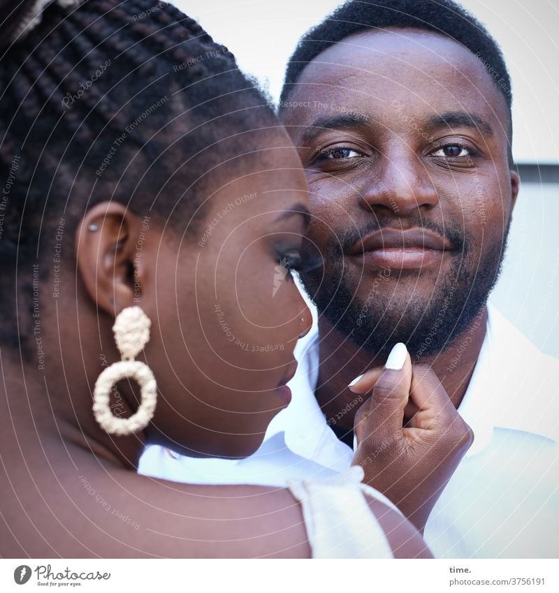 Apollins & Alex Looking Couple Near Trust relaxed in common Dress Shirt Touch at the same time Man Woman Jewellery Dark-haired Facial hair observantly