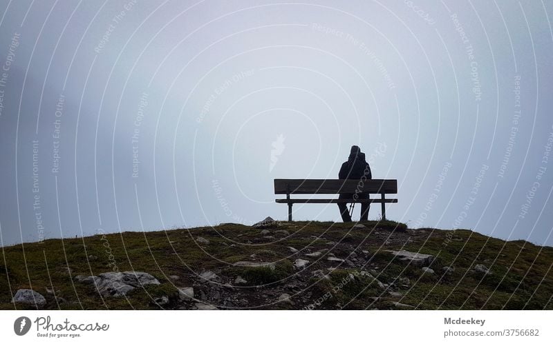 Best view Lünersee Bench Park bench bench seats Fog Misty atmosphere Fog bank Shroud of fog Mountain mountains vantage point Vantage point Dreary Hiking Lonely