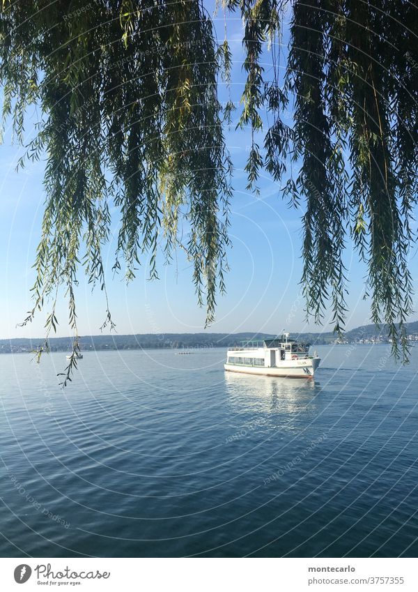 Passenger ship sailing out on Lake Constance near Überlingen Motorboat Morning tranquillity Navigation silent Wanderlust wanderlust Ahoy Sky Nature Landscape