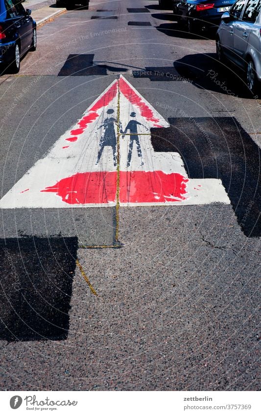 Watch out, pedestrians! Life Town Scene urban actuality Street Asphalt repair works repaired Pothole sign Road sign Traffic regulation Transport Road traffic