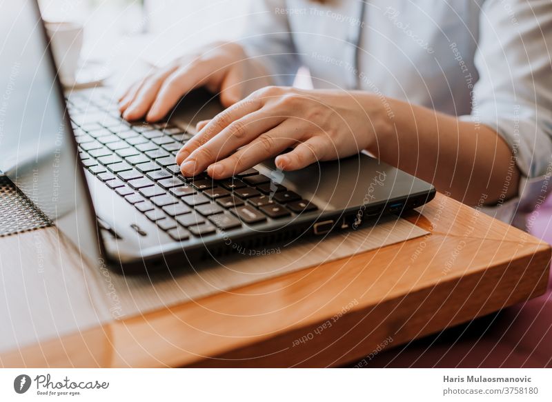 Female hands typing on laptop keyboard, freelancer remote work blogger business cafe coffee break communication computer female female hands freelancer work