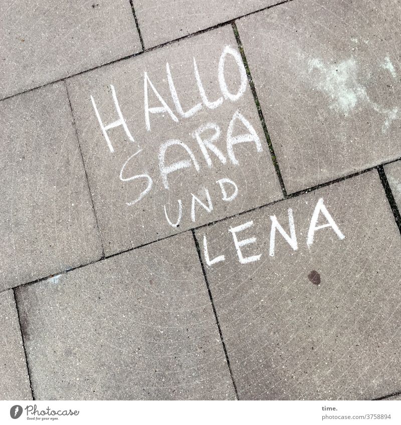 First names | Sara and Lena Name first name Surface Chalk Footpath Street writing Text Letters (alphabet) Hello Paving tiles Concrete Welcome Bird's-eye view