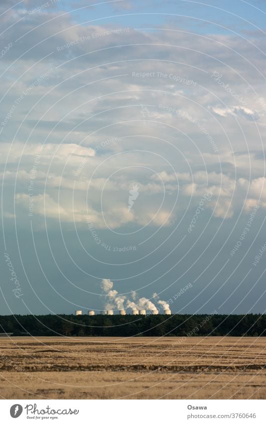 Jänschwalde coal-fired power station Landscape Desert Steppe Horizon steam Smoke Cooling tower Coal power station Sky Clouds Grass Grassland Exterior shot