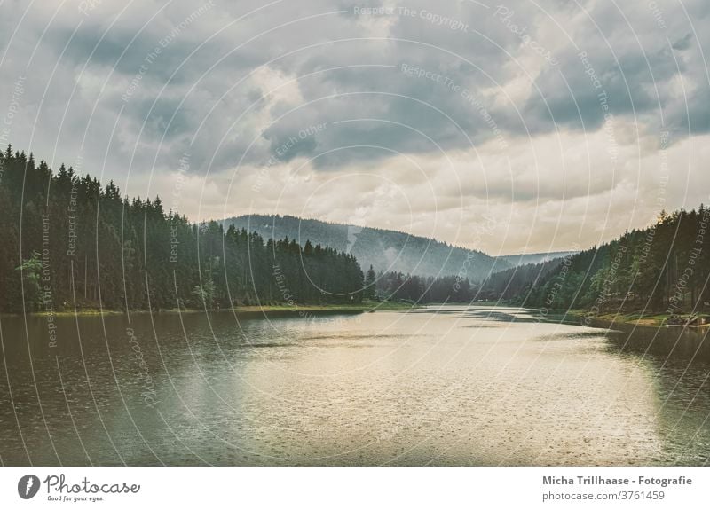 Rain and clouds over the forest lake Lütsche Dam Lake Water Thuringia Sky Clouds Landscape Panorama (View) Reflection Wide angle Long shot Nature Colour photo