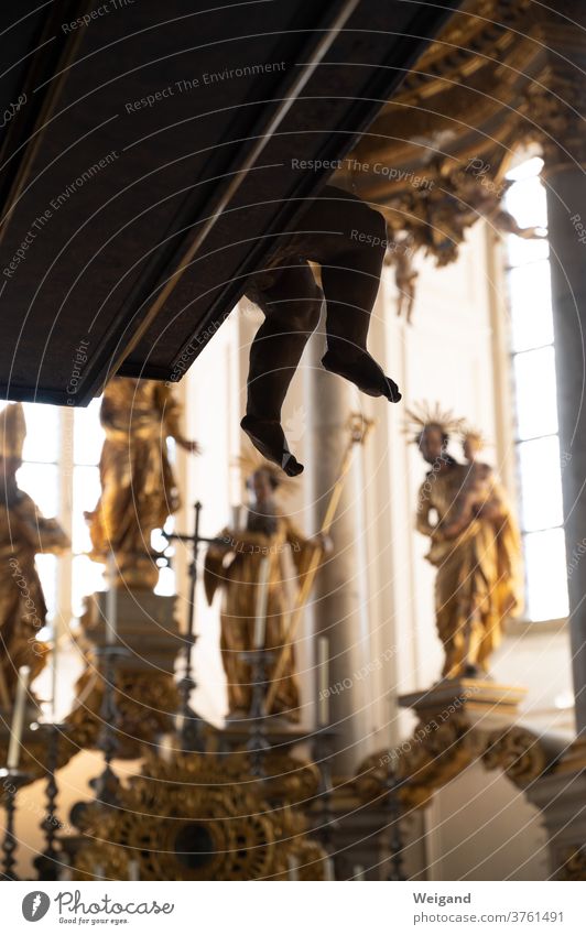 Feet of an angel in a baroque church Angel dangle one's feet Church Catholic Baroque Sky Gold Schwäbisch Hall Church service Liturgy Christianity