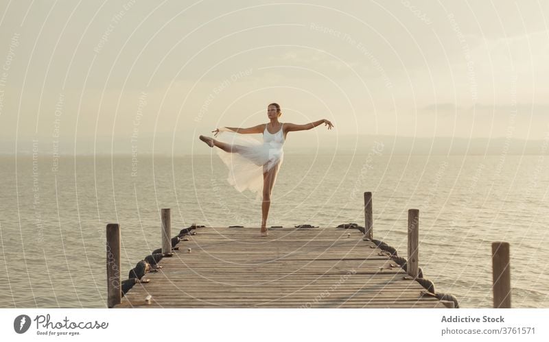 Slim ballerina dancing on boardwalk near sea grace dance flexible classic ballet elegant pose sunset tiptoe pointe woman dancer pier slim young female perform