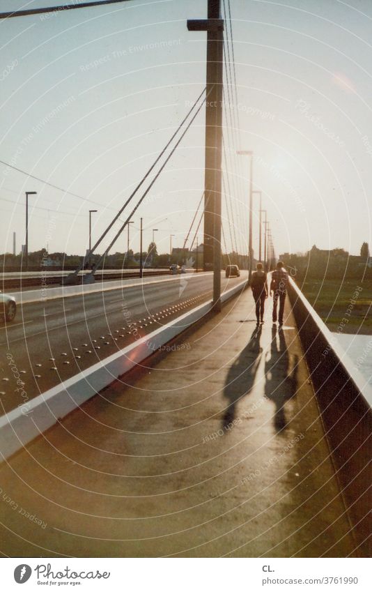 theodor-heuss bridge, düsseldorf Dusseldorf Rhine Couple car Town Architecture Sky Analog Transport Traffic infrastructure Going Street Road traffic