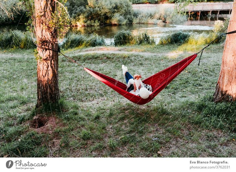 back view of young woman relaxing with her dog in orange hammock. Camping outdoors. autumn season at sunset lying hammock jack russell pet nature park caucasian