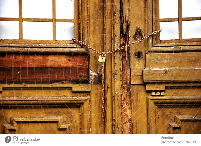 Closed - or the door of an old, long abandoned villa is locked with a chain lost places Deserted Colour photo Old Day House (Residential Structure) Architecture