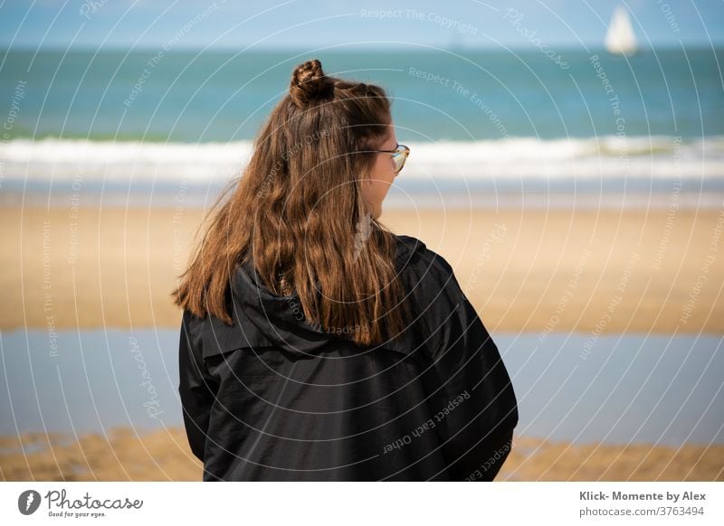 girl on the beach Beach Ocean Sand Summer vacation travel teenager Water Relaxation Back Behind long hair Human being Nature youthful Den Haag city beach Waves