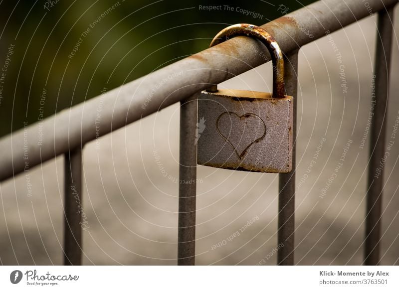 Love lock on railing Lock Heart Handrail infinitely Romance Sign Emotions Loyalty luck Infatuation Rust forever