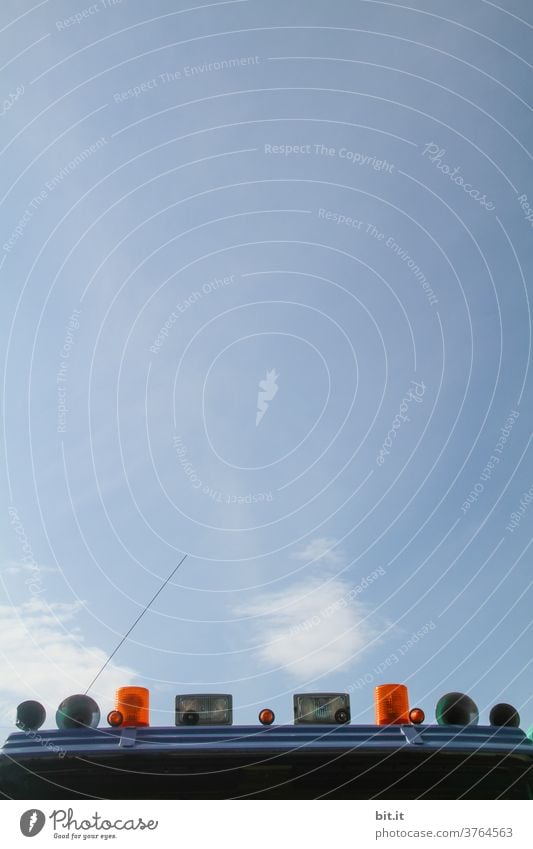 Roof of the truck with lights & horns, under a blue sky. Truck lorry Light Transport Logistics Vehicle Means of transport clearer Horn Car roof Many Row