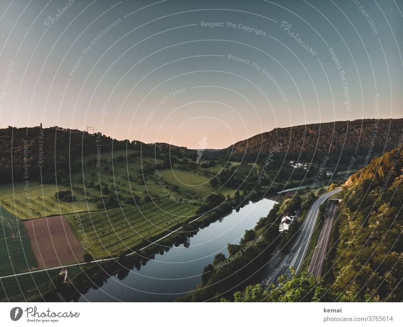 Water, road, railway tracks River Waterway Nature Landscape in the morning Street rails Transport Sky clear Green Hill Empty Deserted reflection tranquillity