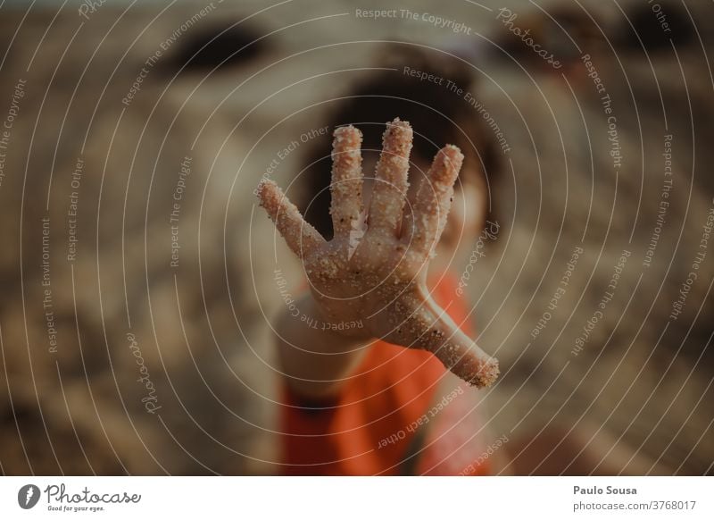 Close up child hand with sand Close-up Child childhood Sand Sandy beach Childhood memory Ocean Human being Vacation & Travel Day Toddler Colour photo Infancy