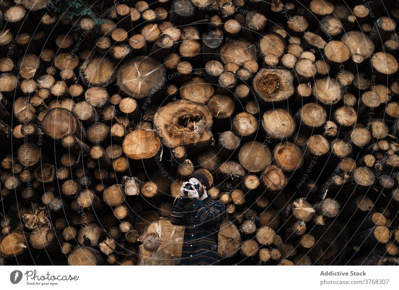 Photographer taking picture near wooden logs photography man take photo photo camera woodpile travel woodland shoot male photographer hobby shot tourism capture