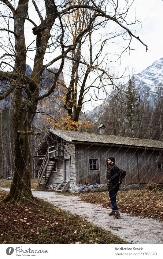 Traveler walking near old wooden house in autumn forest man woods mountain building weathered traveler aged cabin countryside male tourist hike lumber timber