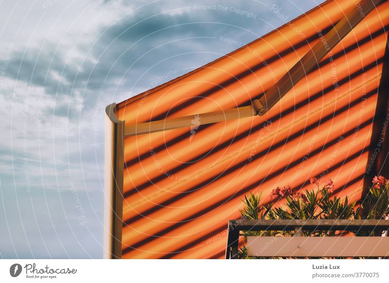 The last days of summer or a striped awning in a high-rise housing estate, with blue sky, oleander and sunlight Summer Sun Sun blind Sunshade Balcony