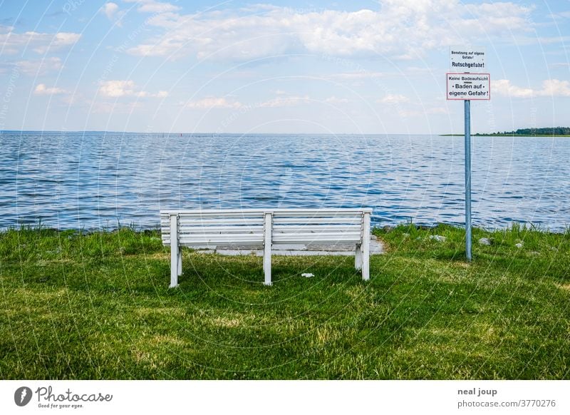 White bank on the lake shore Exterior shot Horizon Lake Water Blue sky Grass green Clouds Summer Bans Arrangement Deserted square German boringly Vantage point