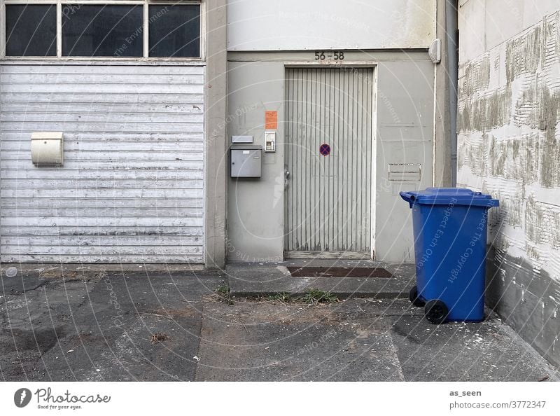 Unknown distorted - Entrance with blue garbage can Old Mailbox door Blue Gray dustbin Highway ramp (entrance) Wastepaper Paper Trash Shades of grey forsake sb.