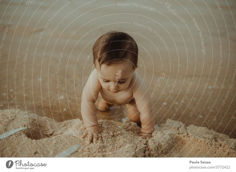 Toddler playing on the beach Child childhood Childhood memory Beach Beach vacation Beach life Sand Sandy beach Ocean Playing Vacation & Travel Infancy Summer