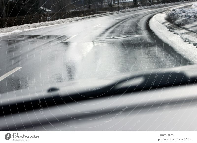 There could be slippery roads car Motoring Street Windscreen Wet Snow Cold Curve Windscreen wiper Speed Car Winter Transport Road traffic