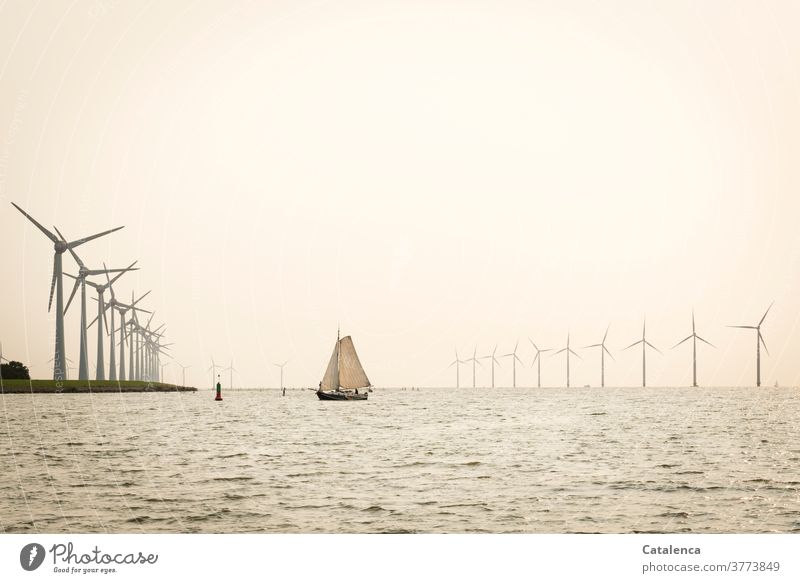 A flat bottom ship in front of a wind farm in the IJsselmeer Renewable energy Energy windmills Nature Water Waves windy Navigation Ocean sailing yacht Horizon