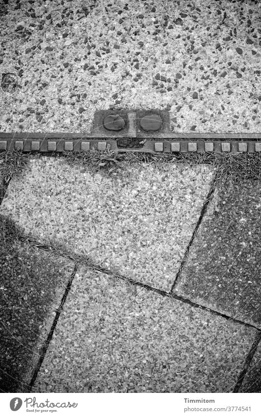 Unknown creature? off slabs Covers (Construction) interstices Stone Metal Face eyes Mouth Deserted Black & white photo Structures and shapes Gray