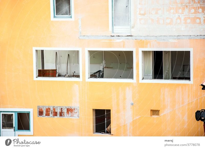 Renovation of an orange building Architecture masonry Construction site Building House (Residential Structure) Window Transience Ripe for demolition Broken