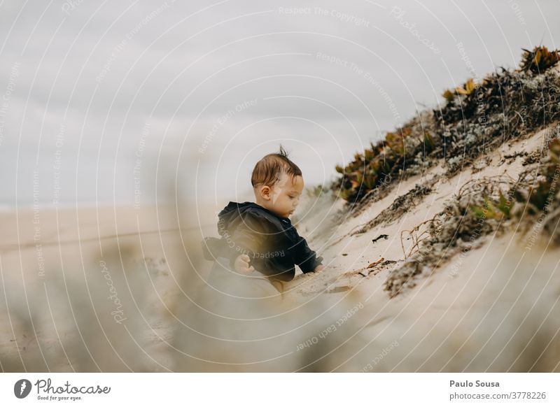 Toddler playing in Sandy beach Beach Beach dune Autumn Authentic Landscape Dune Nature Ocean Day Colour photo Exterior shot Vacation & Travel Coast Environment