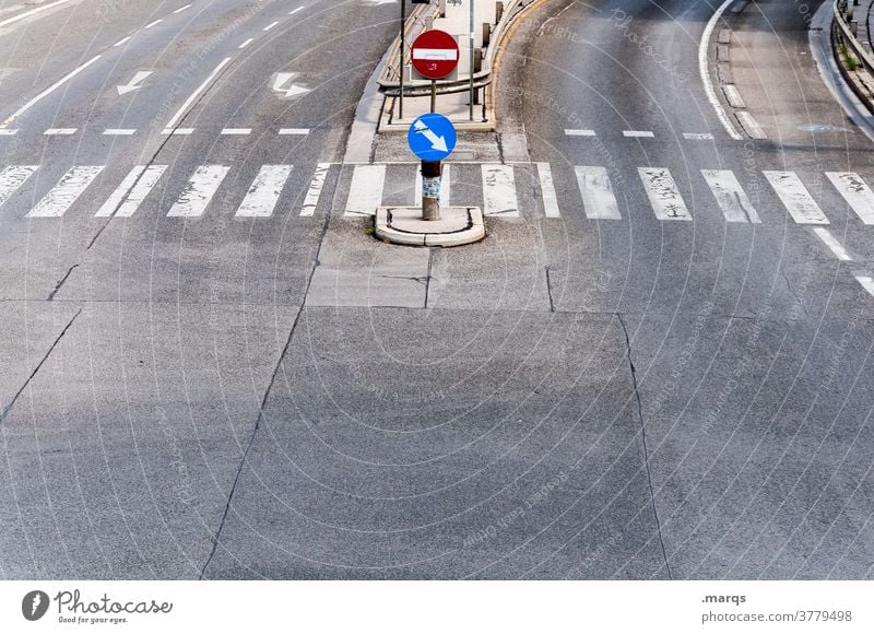 Empty streets StVO Street Road sign Arrow Signs and labeling Lane markings Lanes & trails Traffic infrastructure Deserted Asphalt Zebra crossing