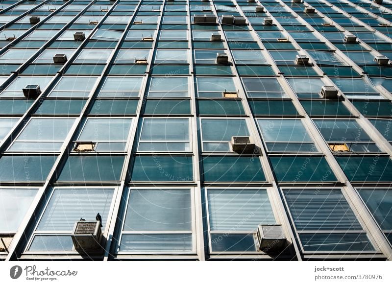 No view behind the facade Architecture Facade Retro Socialism Administration building Structures and shapes Worm's-eye view Style Air conditioning Symmetry