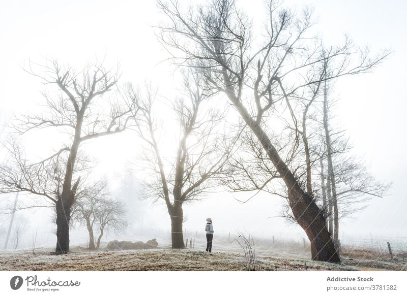 Unrecognizable woman standing in foggy landscape in countryside road alley mist forest cold alone gloomy path female hike nature walk autumn winter season