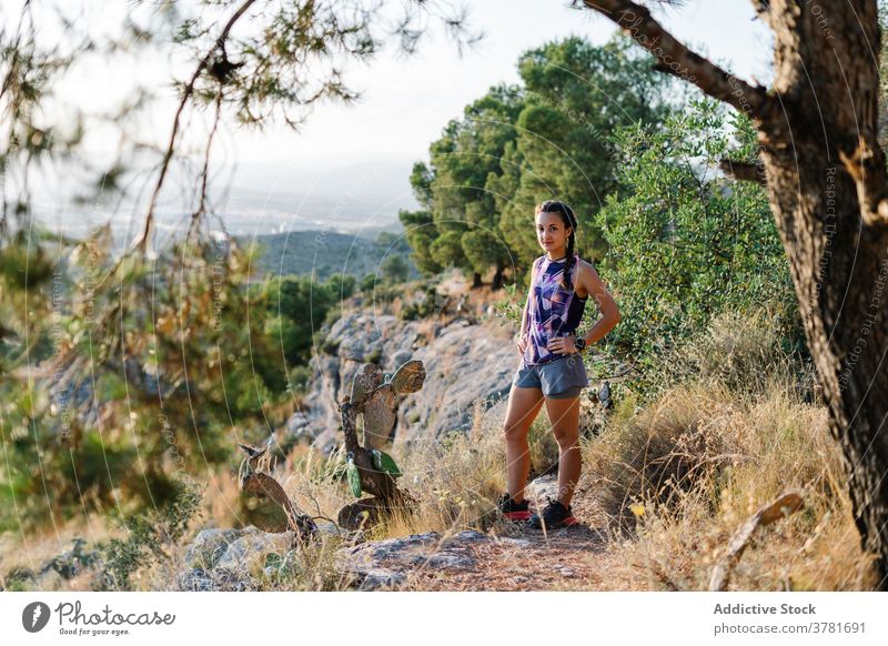 Sporty woman resting after training in mountains hike trail runner break trekking active forest workout sport athlete young female nature fitness lifestyle