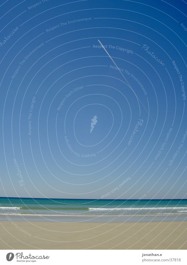 sky trail Beach Ocean Atlantic Ocean Horizon Airplane Stripe Tracks Vapor trail Waves France Water Sand Sky Clarity Beautiful weather