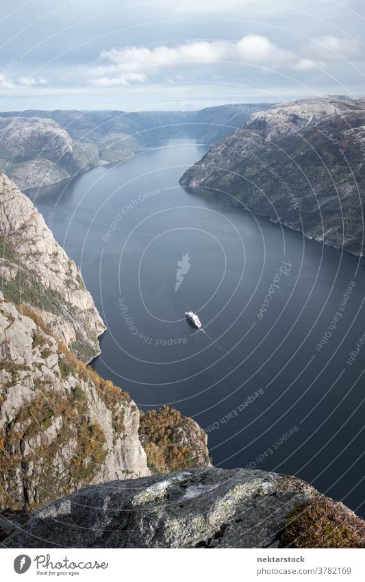 Lysefjord Landscape and Vanishing Point inlet landscape nature view water long shot vanishing point Preikestolen wide shot autumn fall scenics vertical shore