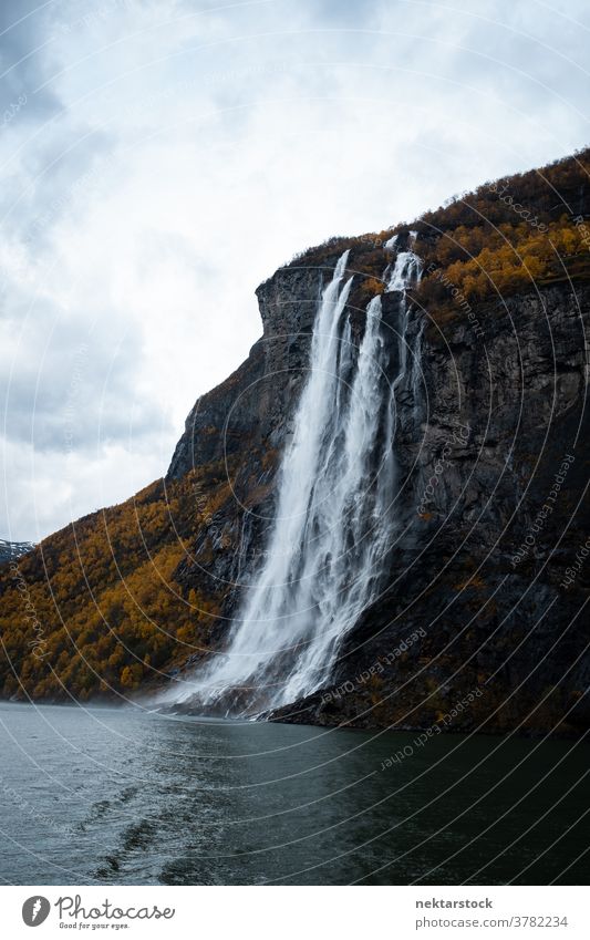 Seven Sisters Waterfall Side View Fjord Geirangerfjord waterfall seven sisters Norway cliff hill cliffside hillside mountain cloudy Norwegian north cold