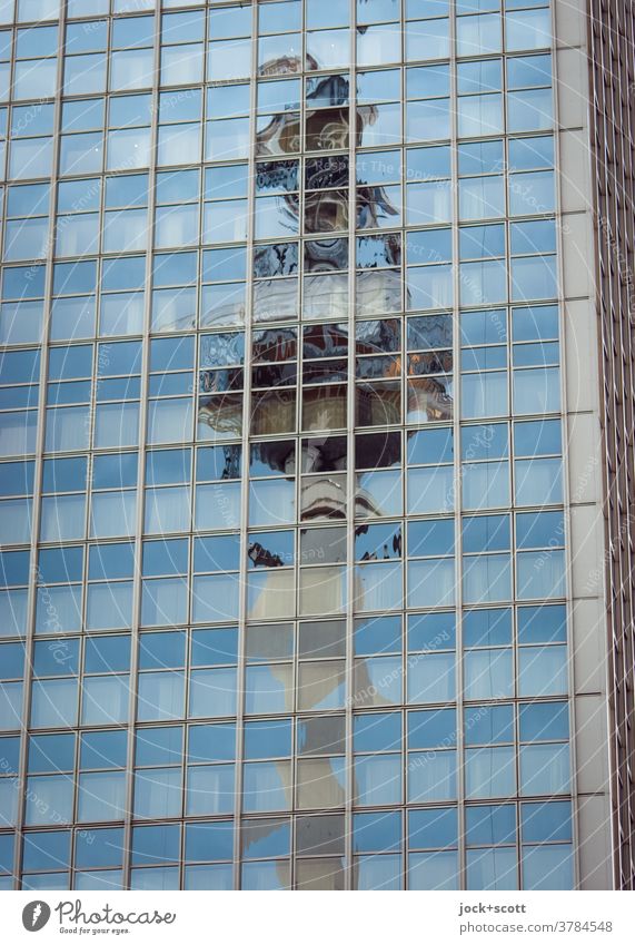 Television tower mirrored in a glass facade Reflection Landmark Silhouette Berlin TV Tower Sharp-edged Structures and shapes Glas facade Tourist Attraction