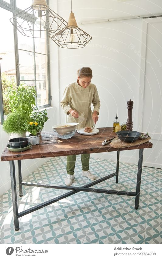 Crop cook preparing tasty Steak tartare in restaurant steak tartare beef woman focused chef dish meat appetizing raw shape various kitchen luxury ingredient