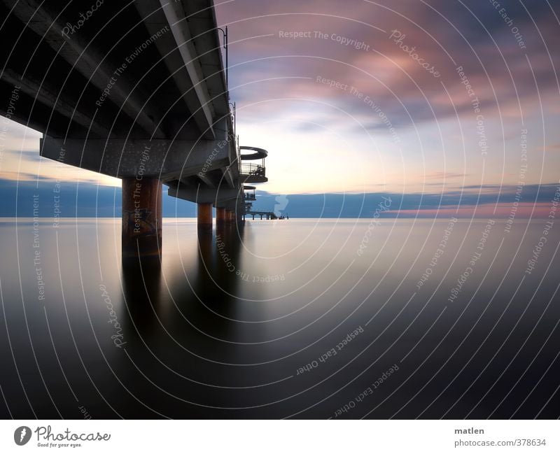 pier III Landscape Water Sky Clouds Night sky Horizon Sunrise Sunset Weather Beautiful weather Coast Ocean Blue Gray Violet Pink Black silent Sea bridge Jetty