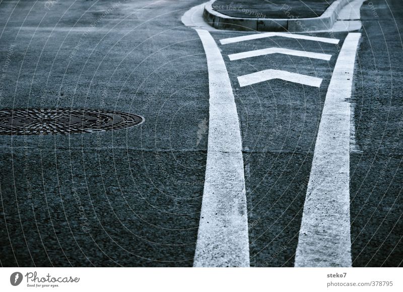 \^/ Street Road sign Town Gray Black White Arrangement Asphalt Marker line Arrow Line Subdued colour Exterior shot Abstract Pattern Deserted Copy Space left