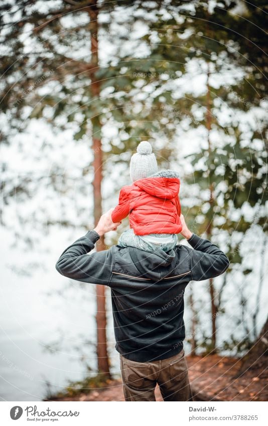 Father shows child the world dad Child Love Son Shoulders Carrying Cute Indicate Parents Together in common Life Autumn Autumnal Forest Hiking