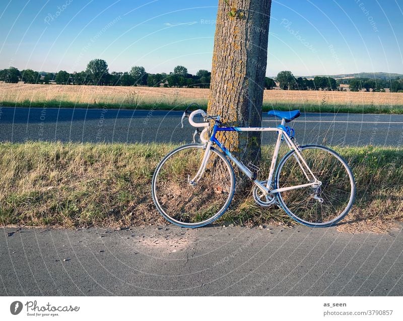 bike tour Racing cycle White Blue Ajar Street Field Break Transport Autumn Wheel Cycling Bicycle Vintage car 80s 1970s stop Tree Lean rest Retro Trip vintage