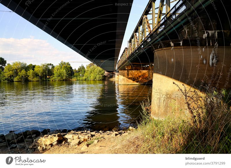 Bridges over calm water. Colour photo Exterior shot Town River Deserted Day Architecture Water Manmade structures Steinheim bridge Railway bridge Track