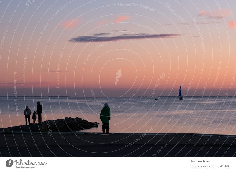 People on the beach watching the sunset, sailing boat, Panorama (View) Long shot Back-light Sunlight Light (Natural Phenomenon) Contrast Shadow Twilight Evening